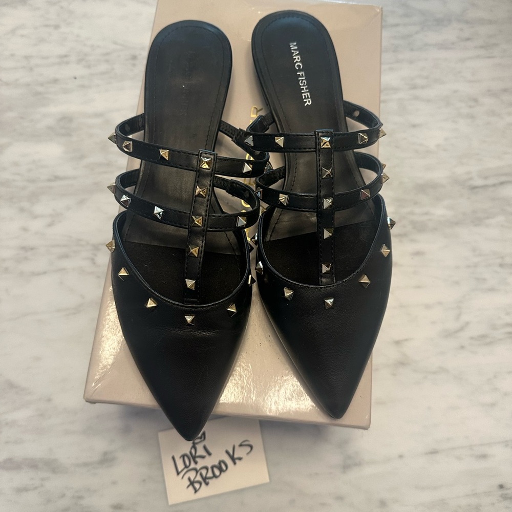 Marc Fisher size 9 Black Gold Tone Studded Mules